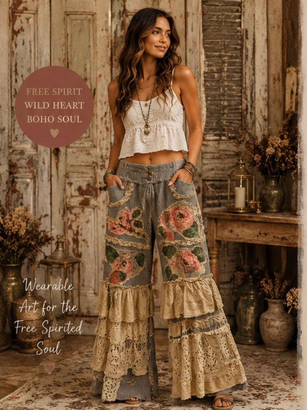 Rose Ticking Pant Boho Rose Appliqué Wide-Leg Jeans - Tea Stained